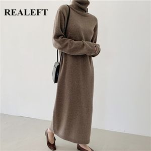 REALEFT Autumn Winter Loose Turtleneck Straight Women Sweater Dresses Long Sleeve Warm Knitted Chic Long Dresses Female 220316