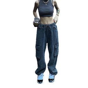 Pantaloni da donna Capris Grigio Vintage Hip Hop Jeans Cargo Pantaloni da donna Tasche da ragazza Denim Streetwear