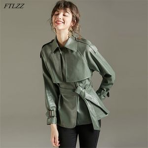 FTLZZ Spring Autumn Lapel Faux Leather Jacket Women Green PU Coat Simplicity Loose Jackets Office Lady Outwear with Belt L220815