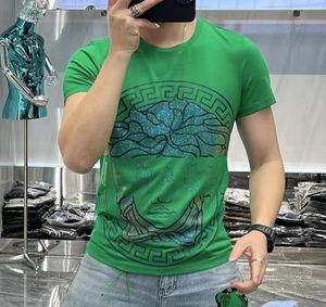 Męskie koszulki europejska stacja letnia fala marka pół rękawa moda przemysł ciężki gorący nadruk diamentowy lodowy jedwab szczupła koszulka z krótkim rękawem męska