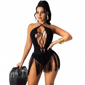 Women's Swimwear 2022 Summer Black Crochet Bikini Cover Up With Fringe Trim Women Sexy Hollow Tunic Beach Dress Bathing Suit Beachwear