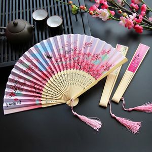 Chinesischer japanischer Seiden-Vintage-Faltfächer, Party-Geschenk, Holzschaft, klassischer Tanz-Fächer, hochwertige Quaste, elegante weibliche Fans, Heimdekoration