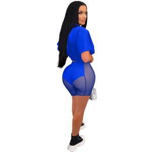 New Summer Outfits Women Tracksuits Mesh Two Piece Set Short Sleeve Solid T Shirt+Sheer Shorts Matching Set Sexy Night Club Wear Wholesale 7210