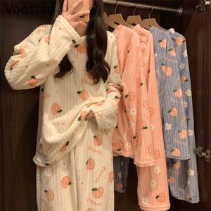 Cute Sweet Autumn Winter Warm Pajamas Set Women Chic Coral Fleece Peach Print Soft Homewear Female Nightwear Pyjamas 2 Piece Sets L220803