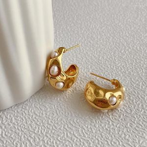 Stud Minar Orecchini di perle d'acqua dolce naturali stile coreano per le donne Orecchino geometrico irregolare metallizzato color oro PendientesStud Kirs22