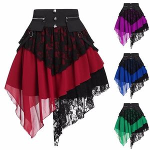 Kjolar Kvinnor Mode Retro Gothic Victorian Renaissance Lace Stitching Oregular High Waist Steam Punk Kvinna 220317