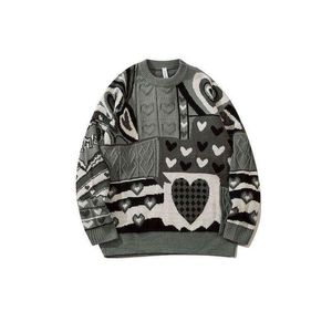 2021 Korean Fashion Heart Print Men Hip Hop Knitted Jumper Sweater Autumn Casual Women Pullovers Kpop Knitwear Sueter Masculino T220730