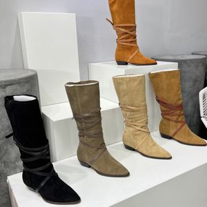 Women 100% Imported Leather Outsole Knee Boots Martin Desert Boots Cowboy Boots Cowhide Strap 5 Color Medal Heavy Square Heel Sole NO398