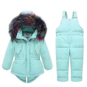 Clothing Sets Baby Kids Girl -25 Degree Russia Winter Colored Fur Hooded Coat Overall Jumpsuit Snow Children SuitClothing