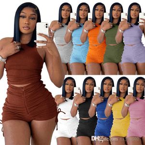 2022 Womens Designer Tracksuits Summer 2 Piece Yoga Pants Outfits Sexy Tank Top Shorts Pleated Drawstring Set Sweat Suit