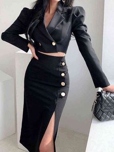 Two-piece women's dress 2022 autumn and winter office suit short jacket slit long skirt sexy dress elegant black two-piece dre T220729