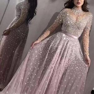 Luxury Blush Pink Prom Dresses high neck A Line sequined Beaded Crystals Floral Applique Wateau Train Rhinestone Formal Evening Dress