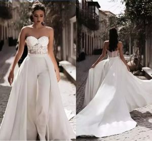 Abiti da sposa con strascico staccabile Tute senza spalline in pizzo Vedi anche se top aperto sul retro Abito da sposa con strascico Abiti da sposa da spiaggia Ricevimento