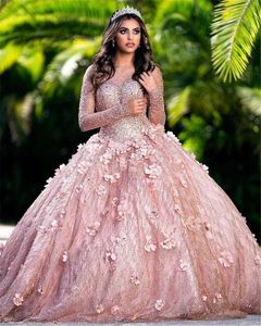 Ros guld blekrosa quinceanera klänningar pärlstil 3d blommig illusion långärmad spets-up korsett tillbaka tulle sequined prom sweet 15 16 klänning xv party wear