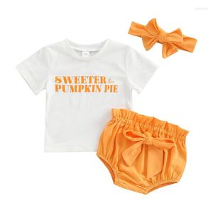 Giyim Setleri 3pcs Bebek Bebek Kız Cadılar Bayramı Kıyafet Mektubu Baskı Kısa Kollu T-Shirt Bezi Kapak Kafa Bandı Toddler için Set 3-24