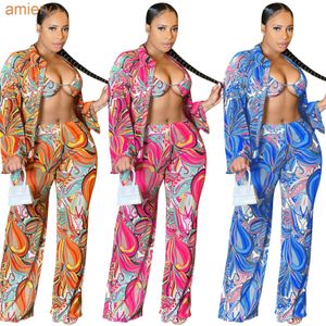 Elegant Womens Pants Suit 3 Peice Set Sexy Mesh Perspective Printing Long Sleeve Three Piece Outfits For 2022 Summer
