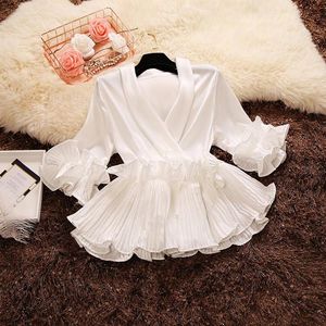 Women's Blouses & Shirts Ruffle Blouse White Peplum Wrap Top Chiffon Summer Deep V Neck Shirt Womens Tops And Blusas Mujer De Moda 2022