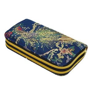 Wallets Women Clutch Bag National Double sided Peacock Embroidery Purse Canvas Long Wallet Two Zipper Mobile Phone Small Coin