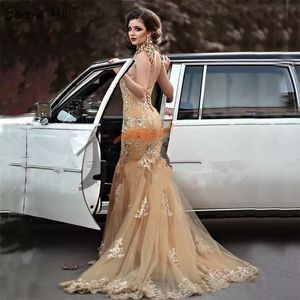 Long Luxury Mermaid aftonklänningar Hög nacke med ärmlösa sveptågapplikationer Tulle prom klänningar elegant fest maxi klänning321n