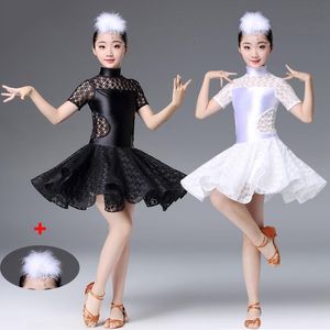 Scene Wear Girls Latin Dance Dress Black White Satin Lace Practice Clothing Children Ballroom Cha Salsa Competition Costumes DL2637Stage