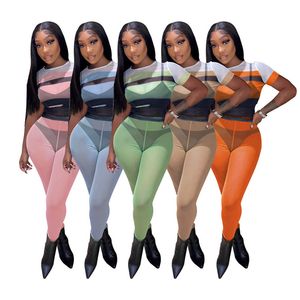 Nowy projektant Summer Sexy TrackSuits Kobiety z krótkim rękawem T-shirt top i siatkowe spodnie Dwuczęściowe zestawy