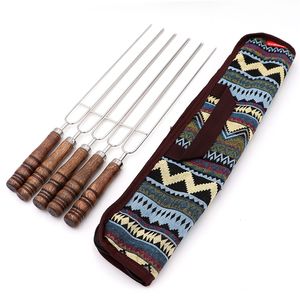 5pcs Portable Russian Style Sharp Roasting Forks with Bag Camping Dog Skewers Stainless Steel BBQ Barbecue Tool 220510