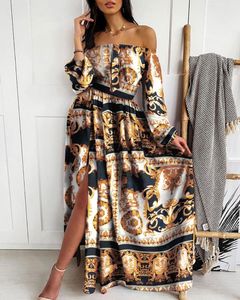 Frauen Boho Wrap Sommer Lond Kleid Urlaub Maxi Lose Sommerkleid Blumendruck V-ausschnitt Langarm Elegante Kleider Cocktail Party Mäntel Weibliche einteiliger Rock