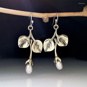 Dangle & Chandelier Retro Antique Gold Color Plant Leaves Pearl Earrings Ethnic Jewelry Accessories For Women Party Drop EarringDangle Odet2