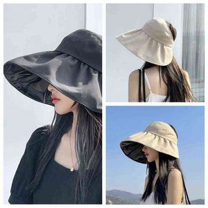Summer Big Brim Fishing Hat Women Empty Top Sun Hat Black Glue Coating Outdoor UV Protection Foldable Sun Hat G220301