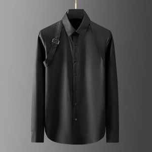 Fritidsskjortor för män Minglu Cotton Man Lyxiga Metallspänne Långärmad Herrklänning Mode Slim Fit Fest Enfärgad Man Skjortor Herr