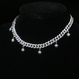 Drop Ship Bling Cuban Chain Women Choker Necklace Silver Color Clear Cubic Zirconia CZ Star Starburst Charm Necklaces Jewelry