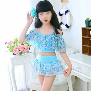 Girls Two Pieces Suits For Swimming Children Polyester Swimwear Kids Floral Bathing Suit Swim Wear Big Girl Swimsuits 3-15 Years 220426