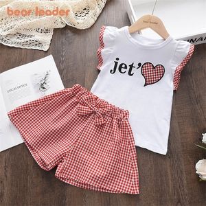 Urso líder de menina roupas de menina terno de verão amor impressão xadrez de camisetas de camisetas calças calças de cintura 2-6y 220507