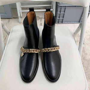 Mulheres botas Mulher Elastic Band Modern Shoe Shiny Leather Chelsea Designer Gold Chain Gold Ladies Shoes Botas de Mujer 0719