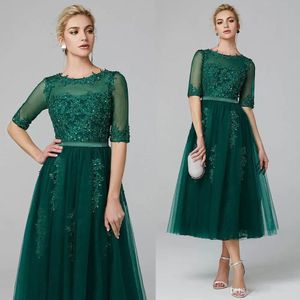 Olive Green Tea Length Mother Of the Bride Dress Half Sleeves For Wedding Party Guest Dresses Formal Evening Gowns