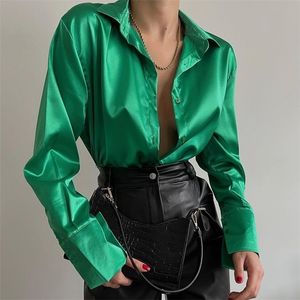 Women Elegant Satin Solid Long Sleeve Blouses Female Chic Vintage Blue Green Casual Loose Fitting Buttons Silk Shirts Tops 220607