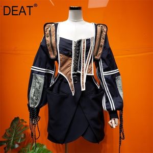 DEAT color square collar sleeveless vest V-neck and contrast colors spliced waist jacket two pieces set WN67901 210428