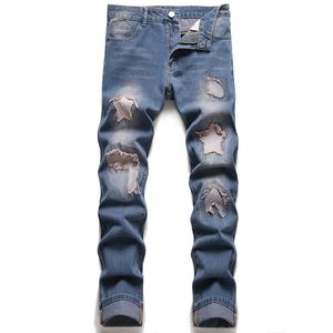 2022 Jeans strappati blu retrò Pantaloni in denim con toppe ricamate dritte sottili Taglia 28-40 Streetwear Vaqueros de hombre