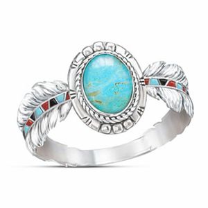 Wholesale tin gifts for anniversary resale online - Classical Style Sterling Silver Inlaid Turquoise Eagle Feather Ring Ladies Party Wedding Jewelry Size e
