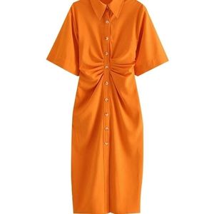 TRAF女性シックなファッションボタンアップドレープドレープミディシャツドレスビンテージ半袖サイドジッパーメスドレスVESTIDOS 220705