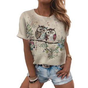 Damen-Grafik-T-Shirt mit Cartoon-Vogel-Aufdruck, Rundhalsausschnitt, handgemaltes Design, 3D-Druckmuster, großes Blumen-Design für Damen 220616
