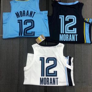 Tryckt 75: e lapp baskettröjor Ja 12 Morant Jersey Color White Black Blue Mens