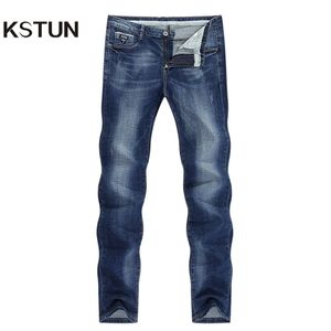 Kstun Men Jeans Famous Brand Slim Straight Business Casual Blue escuro Elasticidade fina de algodão calça calça calça Pantalon 210318