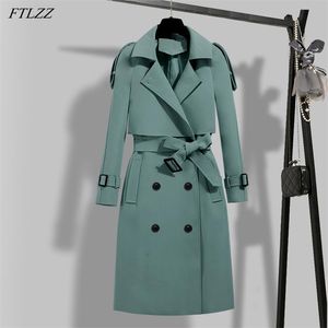 FTLZZ Neue Herbst Winter Elegante Frauen Zweireiher Solide Trenchcoat Vintage Drehen unten Kragen Warme Graben mit Gürtel LJ201021