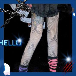 Gothic Dark Girls Sexy Tights Women Skull Mystery Thigh High Waist Stockings JK Lolita Mesh Nets Fishnet Pantyhose Come Socks T220808