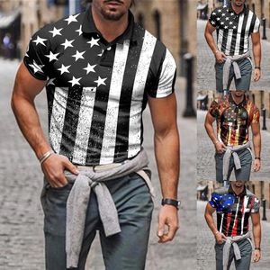メンズポロスメンズ用特大のシャツ夏のカジュアルショートスリーブTシャツ独立デーアメリカンフラッグプリントウィッキングラペルTシャツティーマンズ