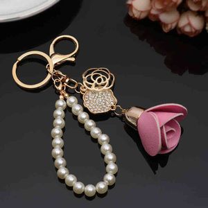 Lyxig nyckelkedja Camellia Rose Key Ring Hängsmycke Bag Dekoration Tassel Key Holder för nycklar till kvinna AA220318