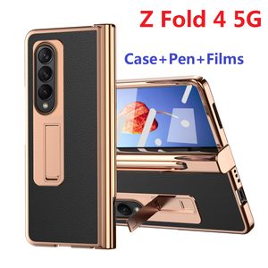 Samsung Galaxy Z Fold 4 Case Tempered Glass Pen Slot Leather Protection Hinge Stand Coverのメッキケース