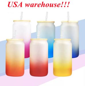 local warehouse 16oz sublimation Gradient glass tumbler frosted blank glass can with bamboo lid reusable straw colorful Glass jar water bottle Soda Can USA stock