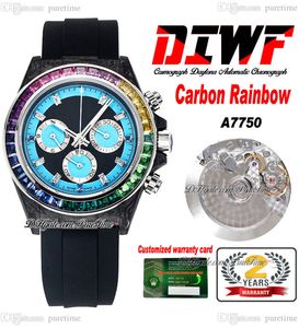 DIWF ETA A7750 Cronografo automatico Unisex Uomo Donna Orologio Cassa in fibra di carbonio Cornice con diamanti arcobaleno Quadrante nero blu Gomma Oysterflex Super Edition Puretime B2